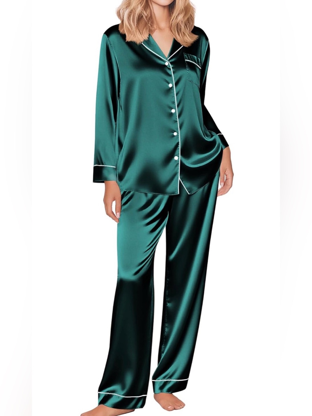 Silky Emerald Green Button-Down Pajama Set - Women